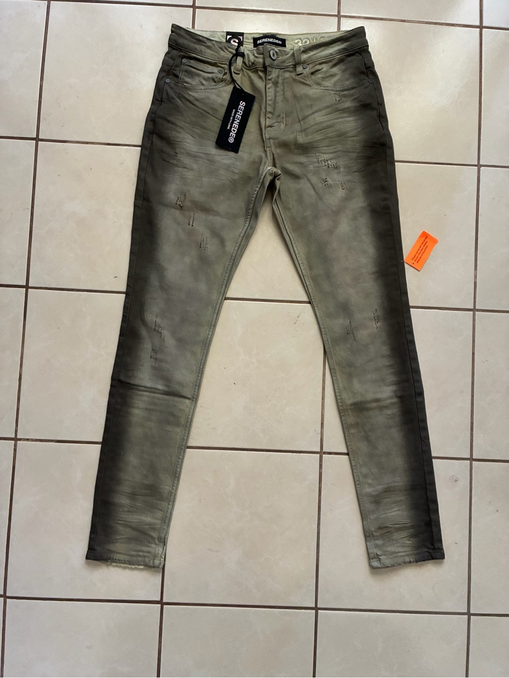 Men's Skinny Olive Green Jeans with Washed Detail